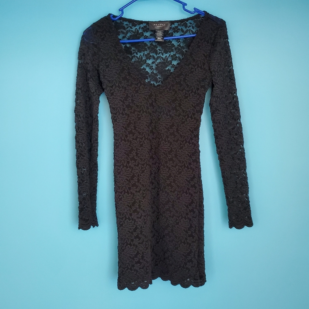 Reynah Black Lace Dress Size Small V-Neck Long Sleeve